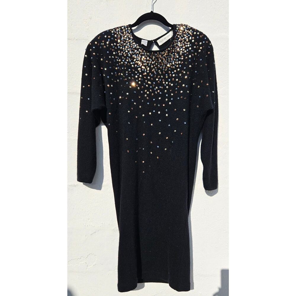 Vintage 80s Dress Small Black Gold Sequin Wool Angora Knit Retro Glam Party